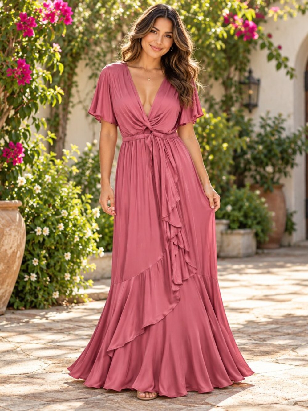 YFB Dusty Rose Flutter Sleeve Ruffle Maxi Dress Small